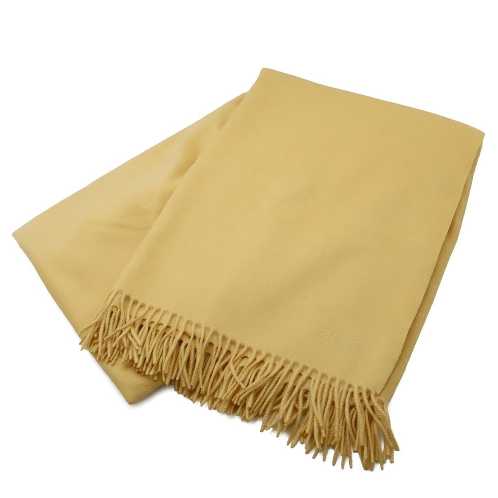 Hermes Shawl Large Throw Fringe Logo Embroidery Cashmere Cream Yellow Scarf — view 2