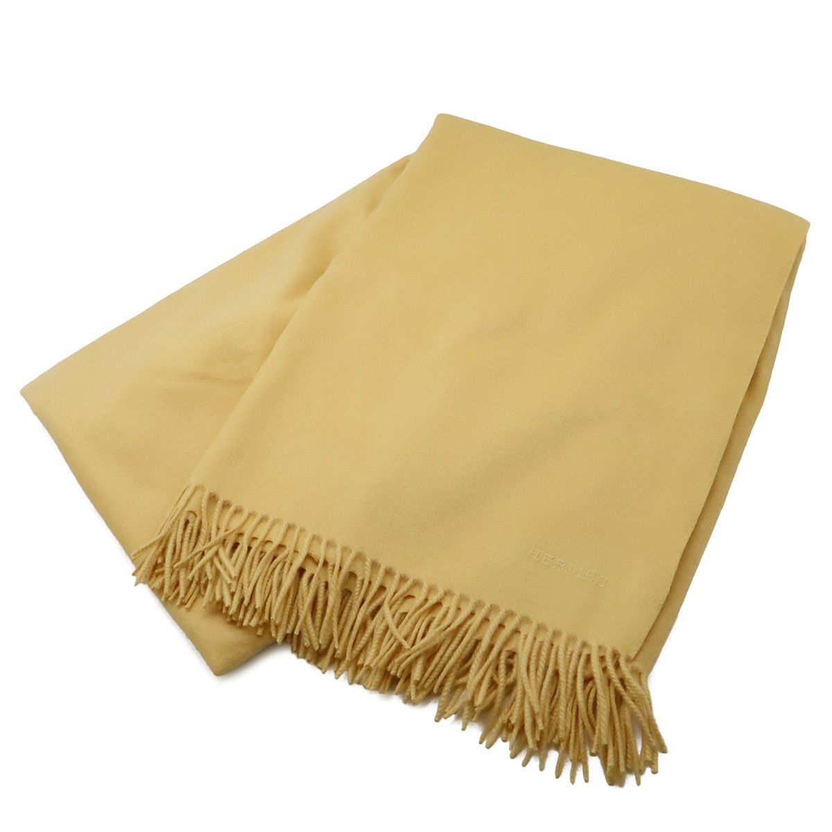 Hermes Shawl Large Throw Fringe Logo Embroidery Cashmere Cream Yellow Scarf — view 2