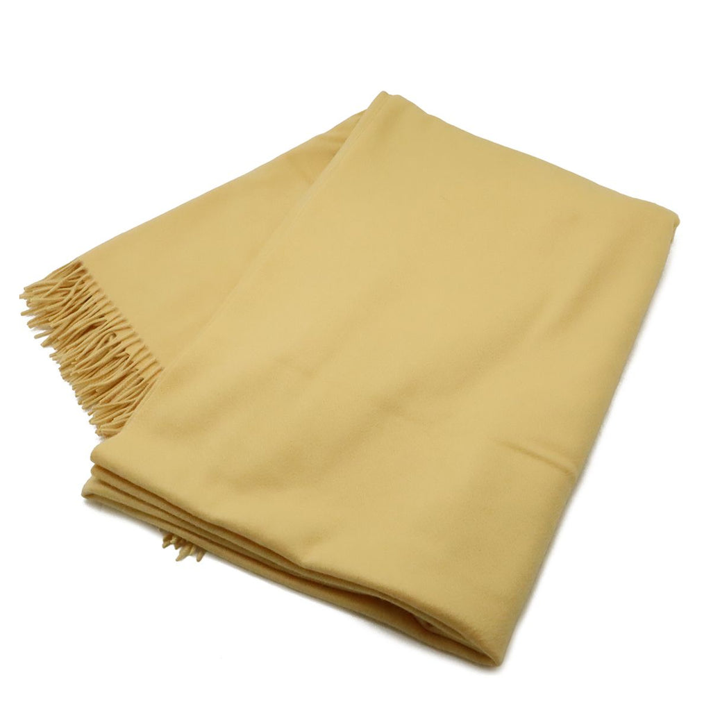Hermes Shawl Large Throw Fringe Logo Embroidery Cashmere Cream Yellow Scarf — view 3