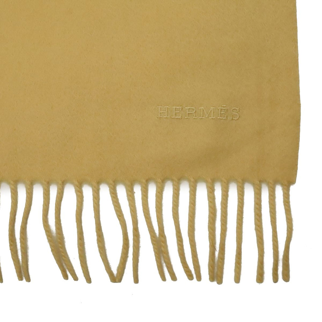 Hermes Shawl Large Throw Fringe Logo Embroidery Cashmere Cream Yellow Scarf — view 4