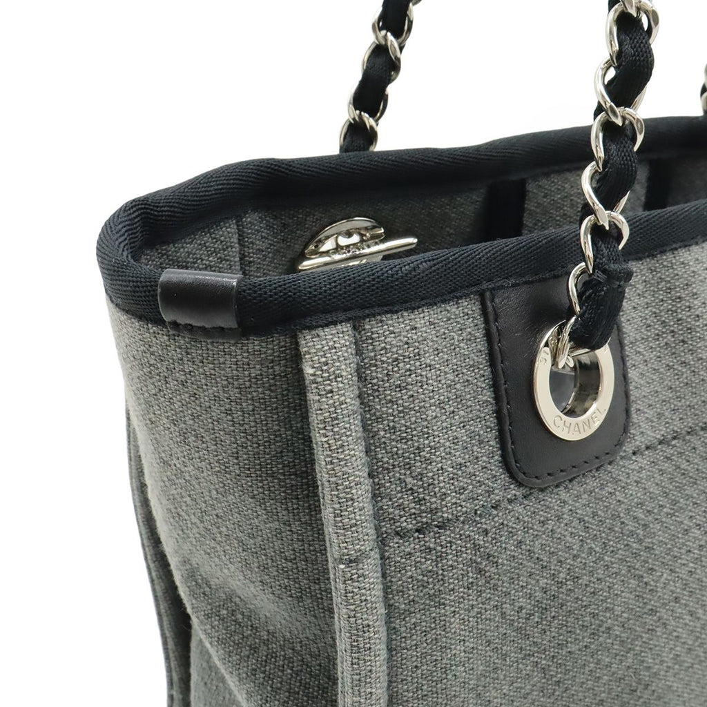 Chanel Deauville Tote Shoulder Bag Chain Canvas Leather Gray Black — view 6