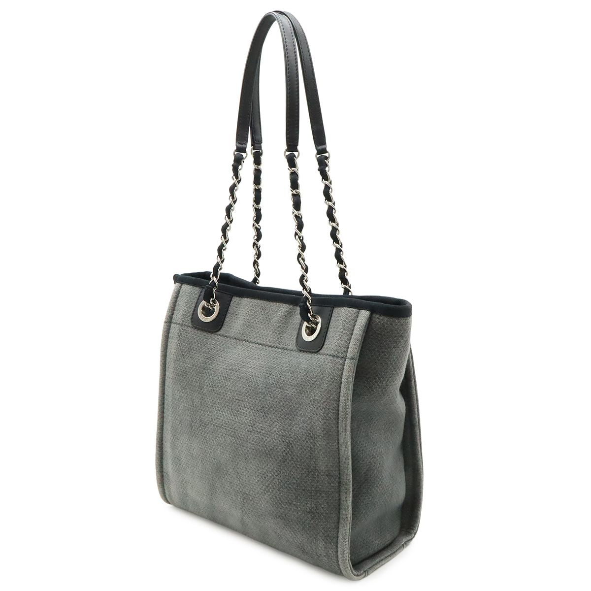 Chanel Deauville Tote Shoulder Bag Chain Canvas Leather Gray Black — view 2