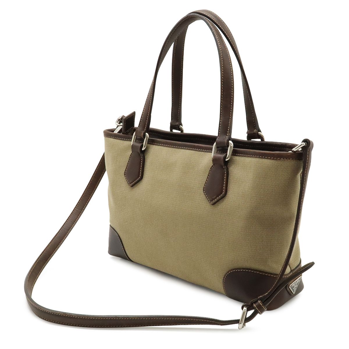 Prada Logo Jacquard 2-Way Shoulder Bag Canvas Leather Khaki Beige Dark Brown — view 2