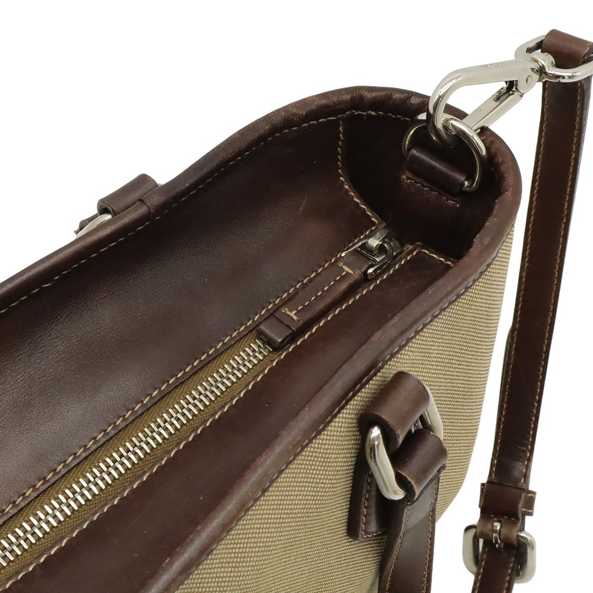 Prada Logo Jacquard 2-Way Shoulder Bag Canvas Leather Khaki Beige Dark Brown — view 5