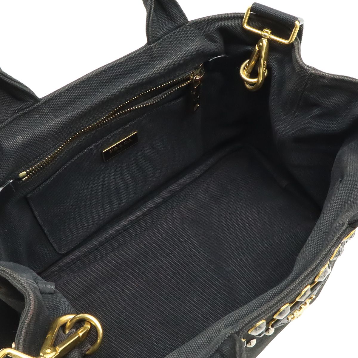 Prada Canapa 2-Way Shoulder Bag Crossbody Bijoux Studded Canvas Nero Black — view 5