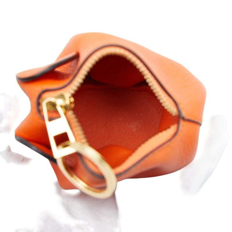 Loewe Elephant Motive Charm Key Holder Coin Purse Orange Leather Keychain — view 4