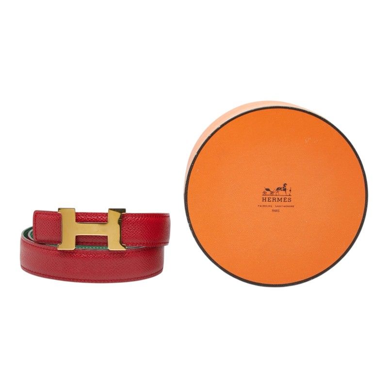 Hermes Constance Buckle Logo Reversible Belt 65 Red Green Gold Leather — view 7