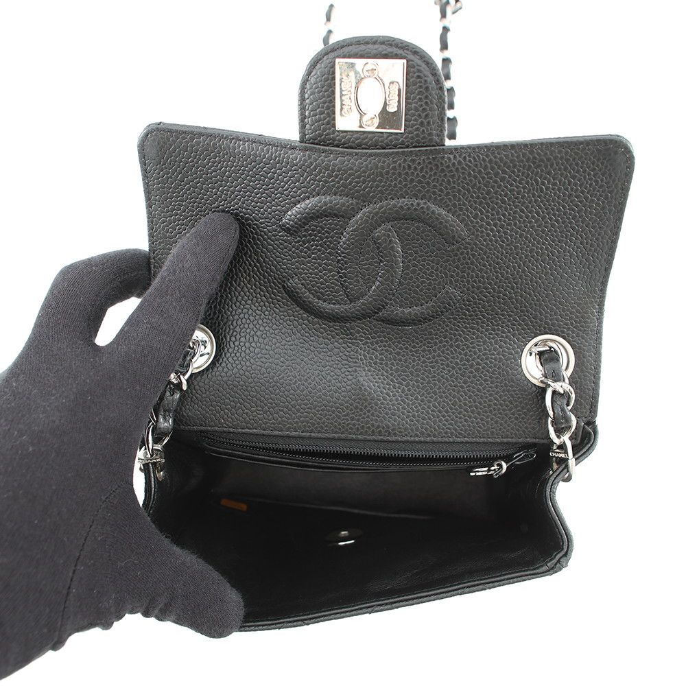 Chanel Chain Shoulder Bag Mini Quilted CC Logo Single Caviar Leather Black — view 5