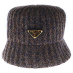 Prada Triangle Logo Melange Knit Bucket Hat Brown — view 4