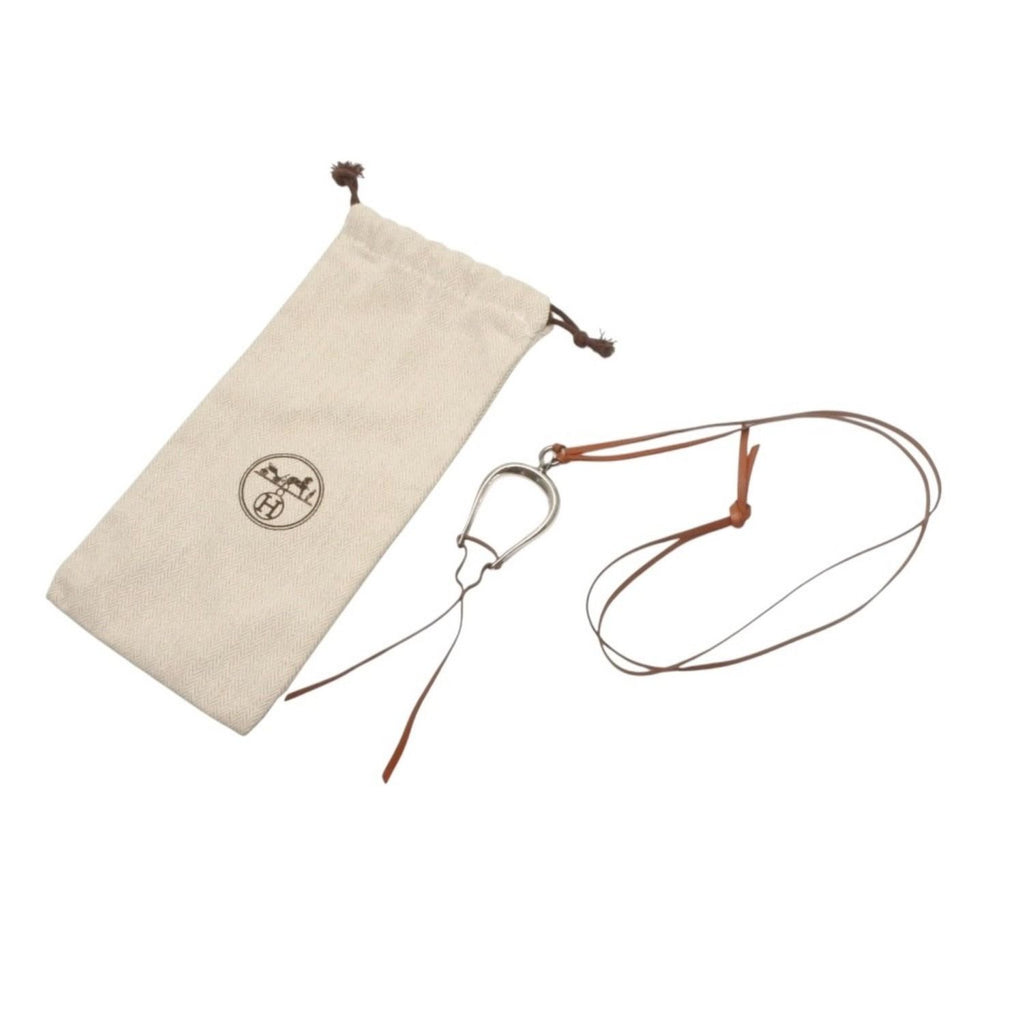 Hermes Leather Necklace Choker Horse Tackle Brown String Silver