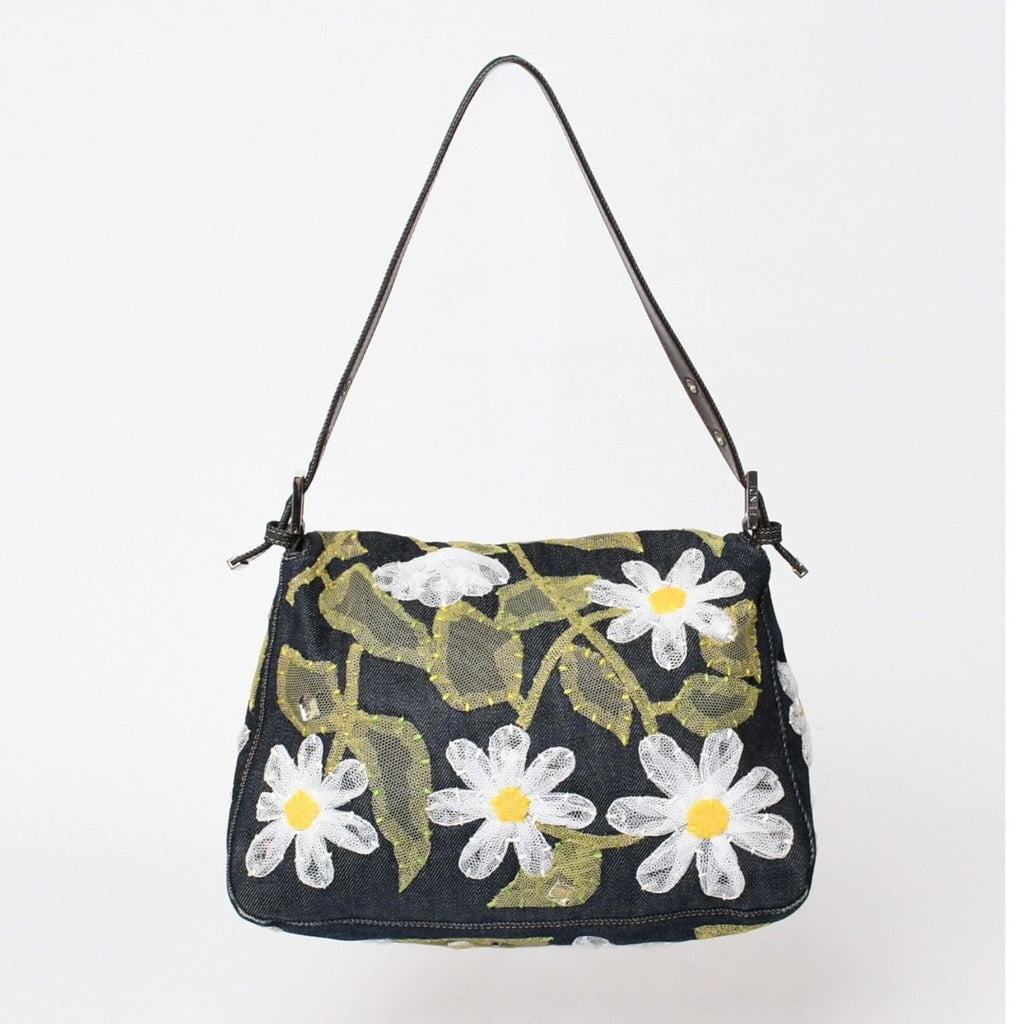 Fendi Flower Denim Mamma Baguette Embroidery Navy Silver — view 2