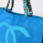 Chanel Vintage Logo Chain Tote Bag CC Turquoise Blue — view 5