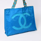 Chanel Vintage Logo Chain Tote Bag CC Turquoise Blue — view 3