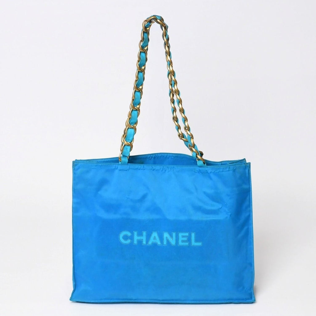 Chanel Vintage Logo Chain Tote Bag CC Turquoise Blue — view 2