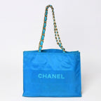 Chanel Vintage Logo Chain Tote Bag CC Turquoise Blue — view 2