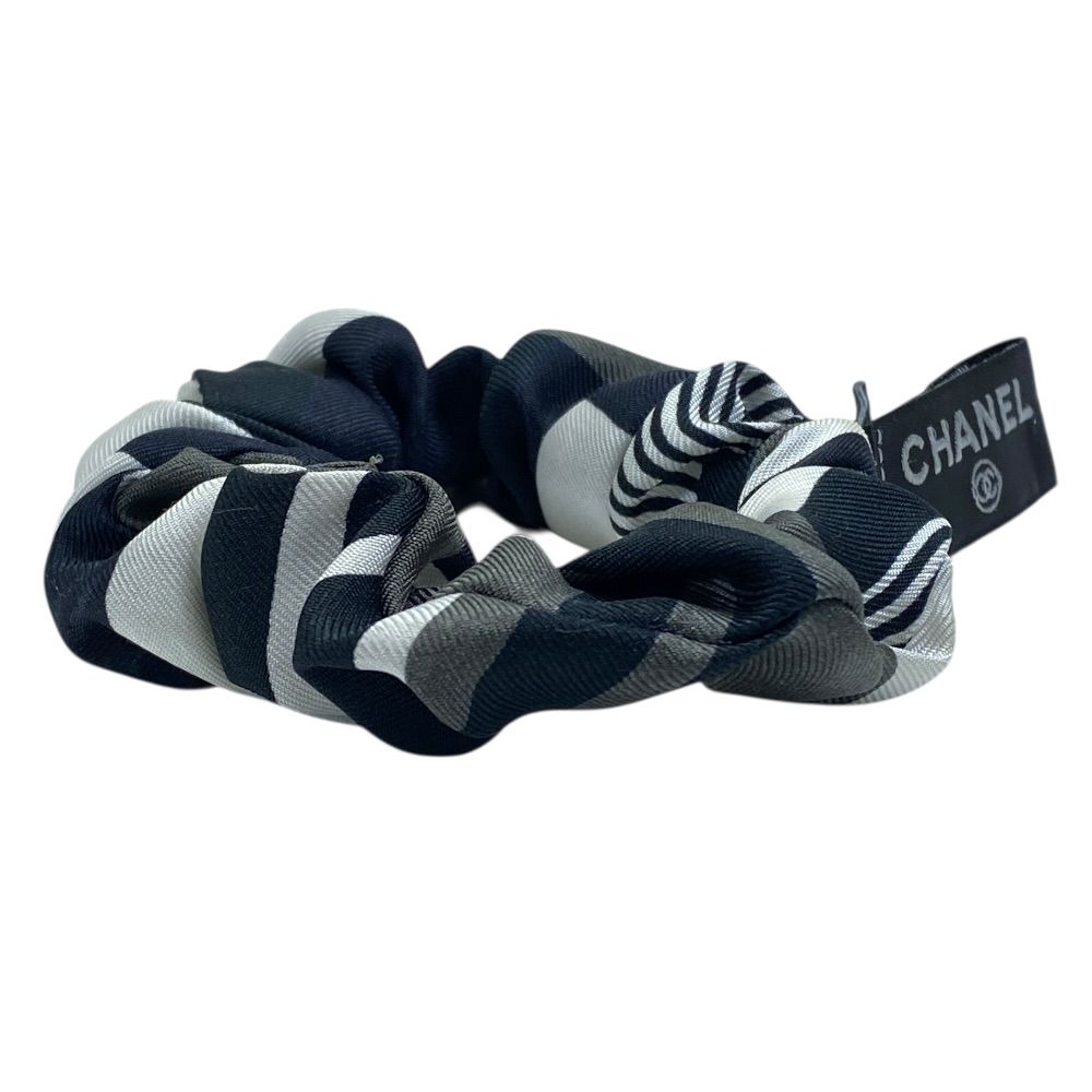 Chanel Scrunchie Hair Tie Geometric Pattern Silk Black White Gray — view 4