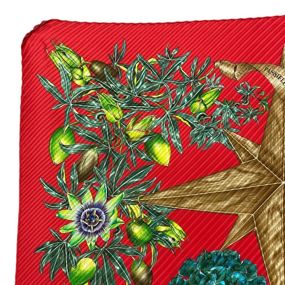 Hermes Scarf Passiflores Passion Flower Pleats Carre 90 Silk Red Multicolor — view 4