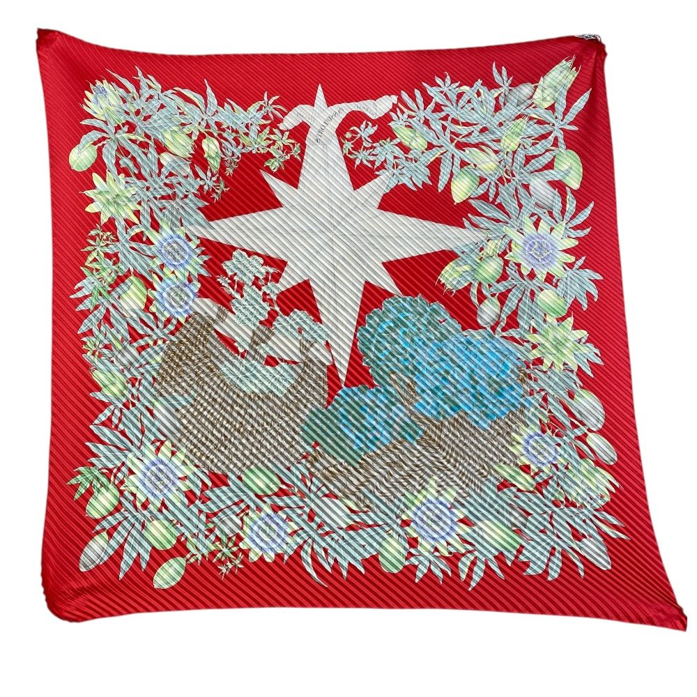 Hermes Scarf Passiflores Passion Flower Pleats Carre 90 Silk Red Multicolor — view 7