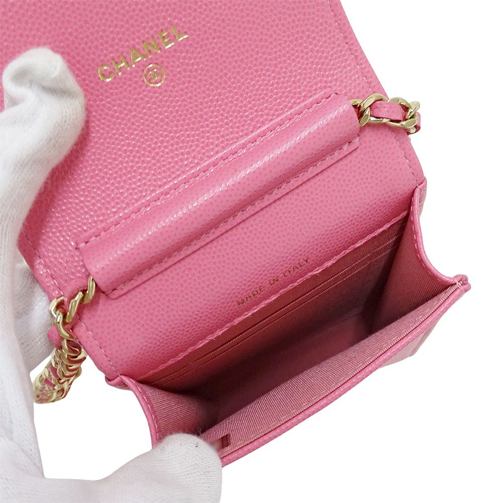 Chanel Quilted Shoulder Bag Smartphone Caviar Leather Pink Gold Pouch Chain — view 5