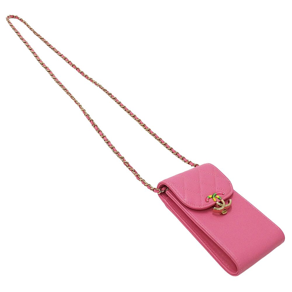 Chanel Quilted Shoulder Bag Smartphone Caviar Leather Pink Gold Pouch Chain — view 4