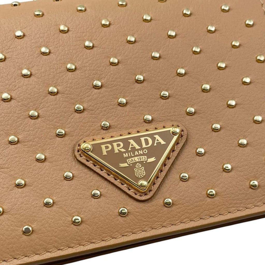 Prada Bifold Wallet Studded Leather Triangle Logo Natural Beige Gold — view 5