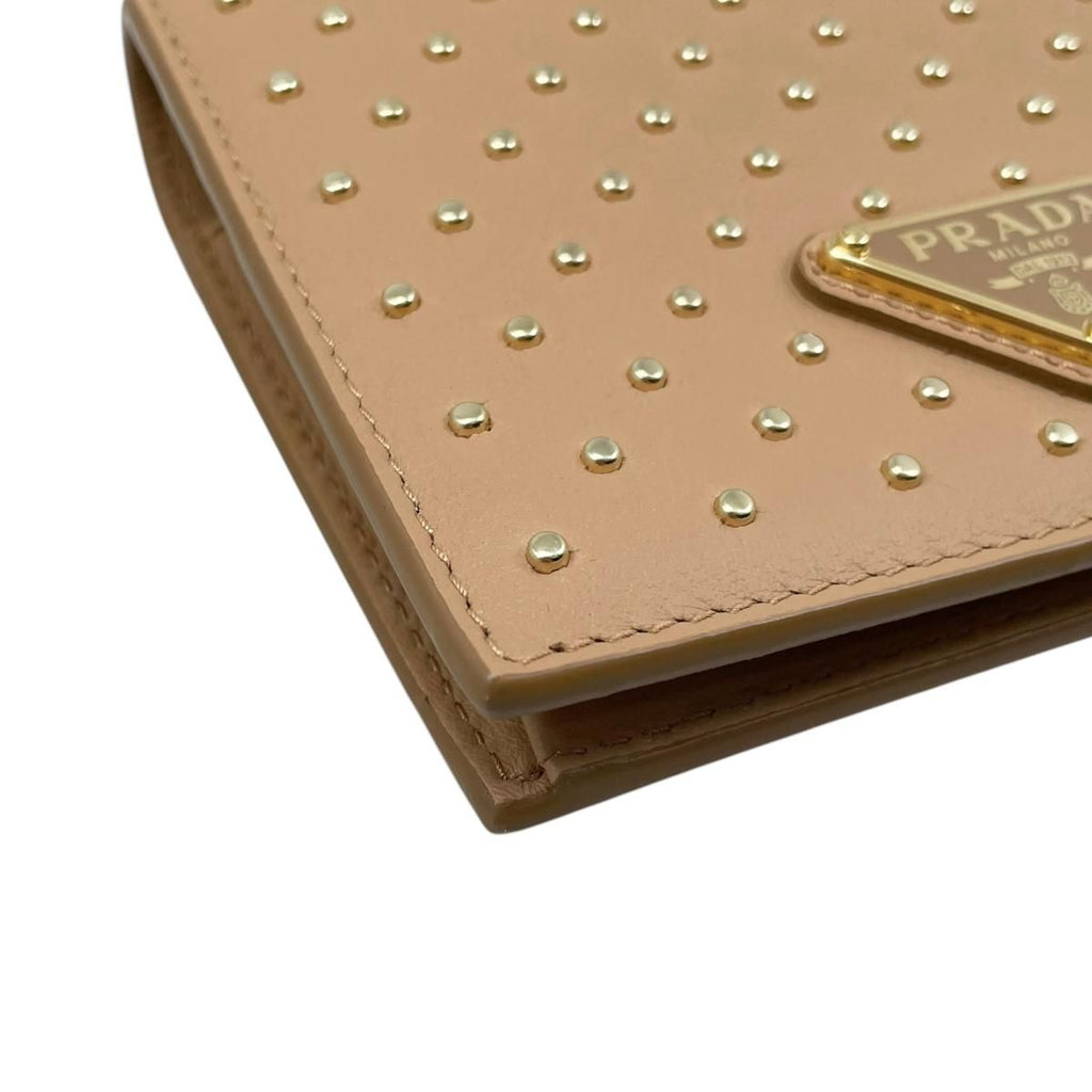 Prada Bifold Wallet Studded Leather Triangle Logo Natural Beige Gold — view 3