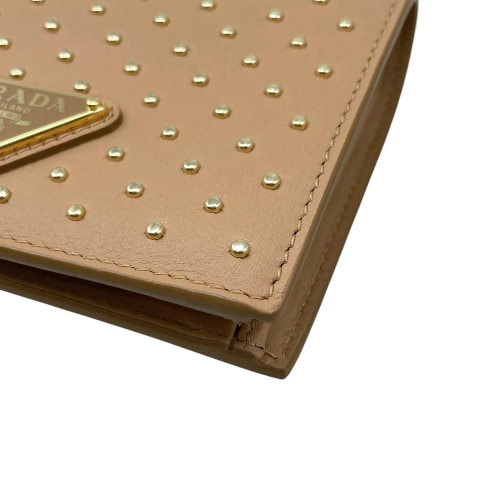 Prada Bifold Wallet Studded Leather Triangle Logo Natural Beige Gold — view 4