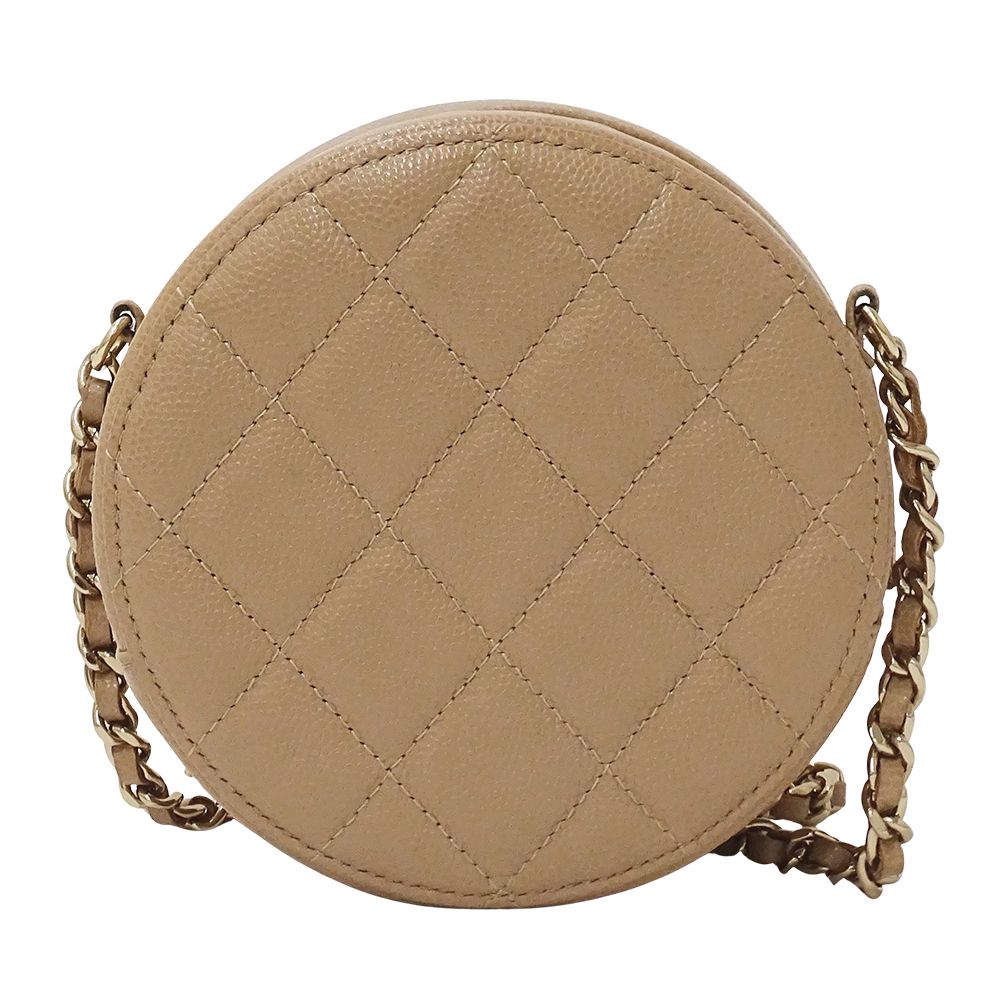 Chanel Quilted Shoulder Bag Caviar Leather Beige Gold Chain Pouch Round — view 2