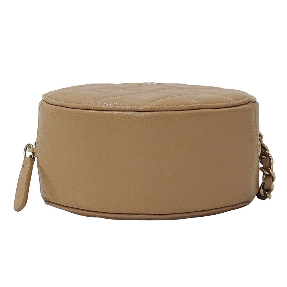 Chanel Quilted Shoulder Bag Caviar Leather Beige Gold Chain Pouch Round — view 3