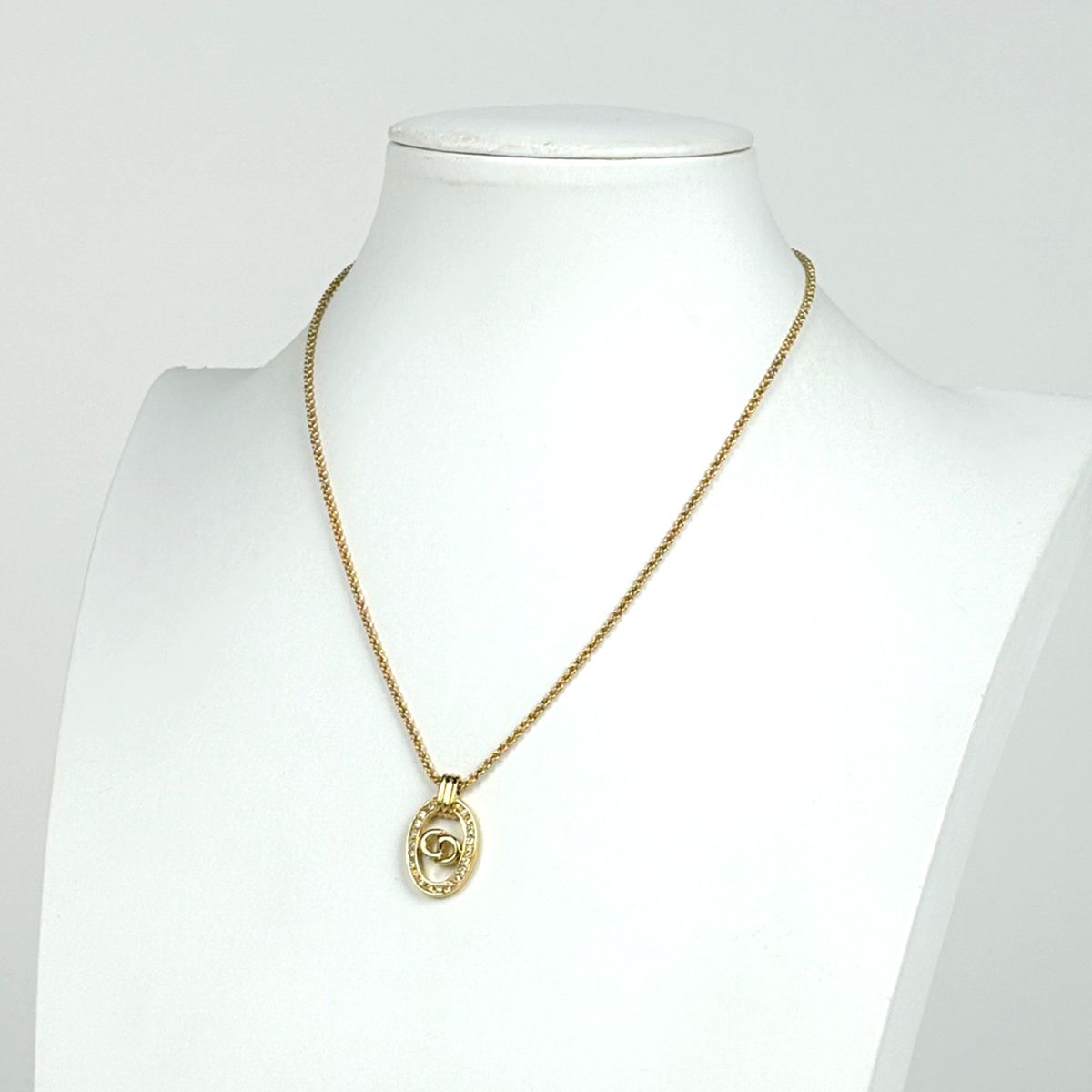 Dior Logo Rhinestone Necklace CD Oval Gold Plated — view 4