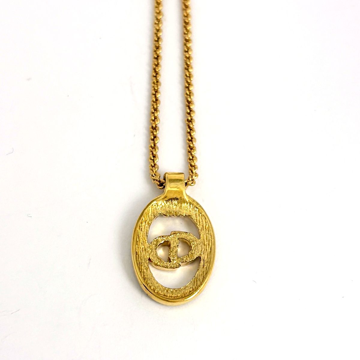 Dior Logo Rhinestone Necklace CD Oval Gold Plated — view 2