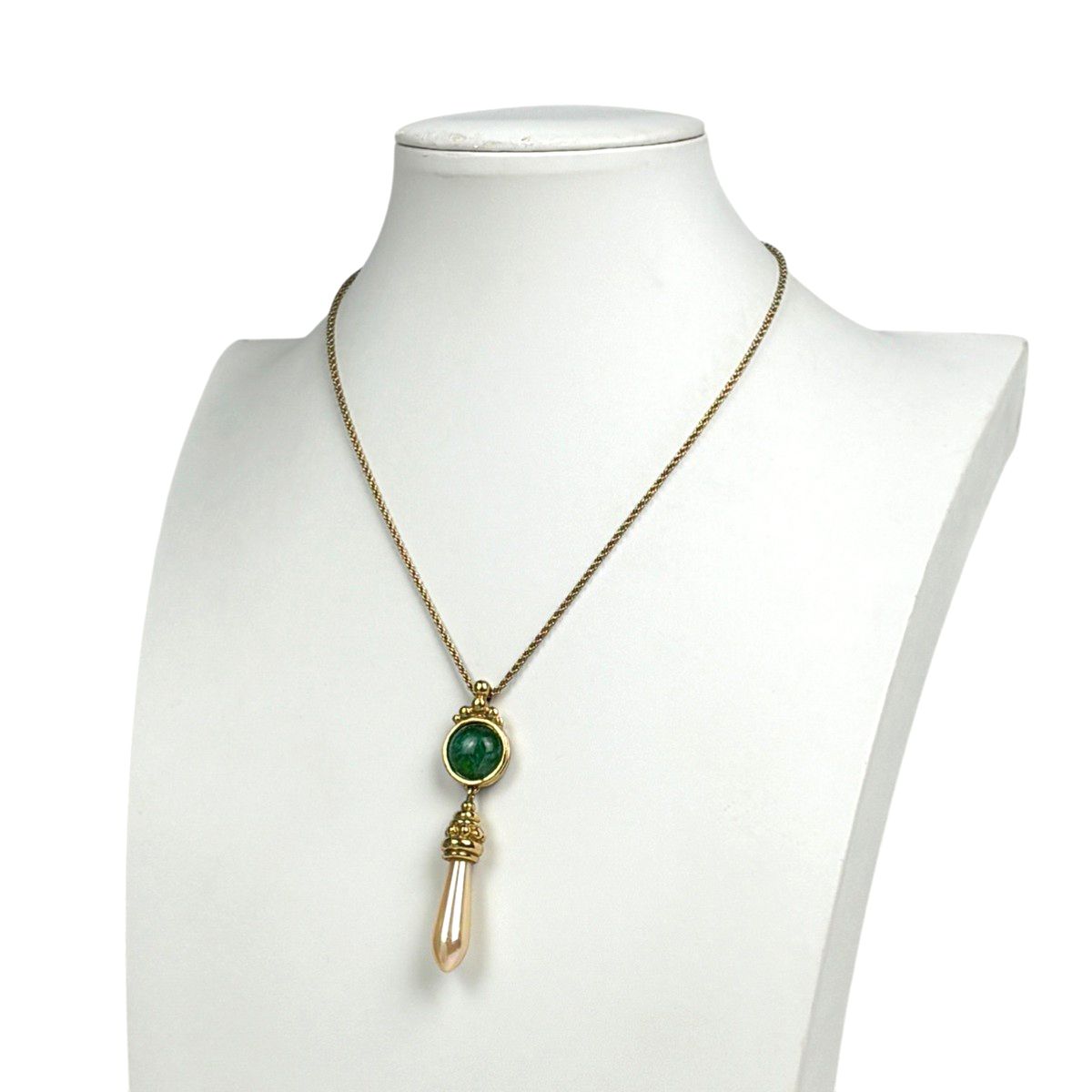 Dior Faux Pearl Necklace Color Stone Gold Plated Green — view 4