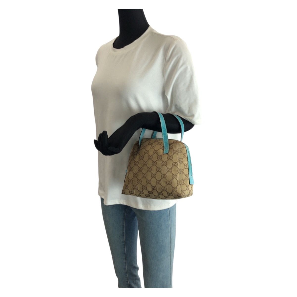Gucci Beige Light Blue GG Canvas Leather Handbag Pouch Vanity — view 7