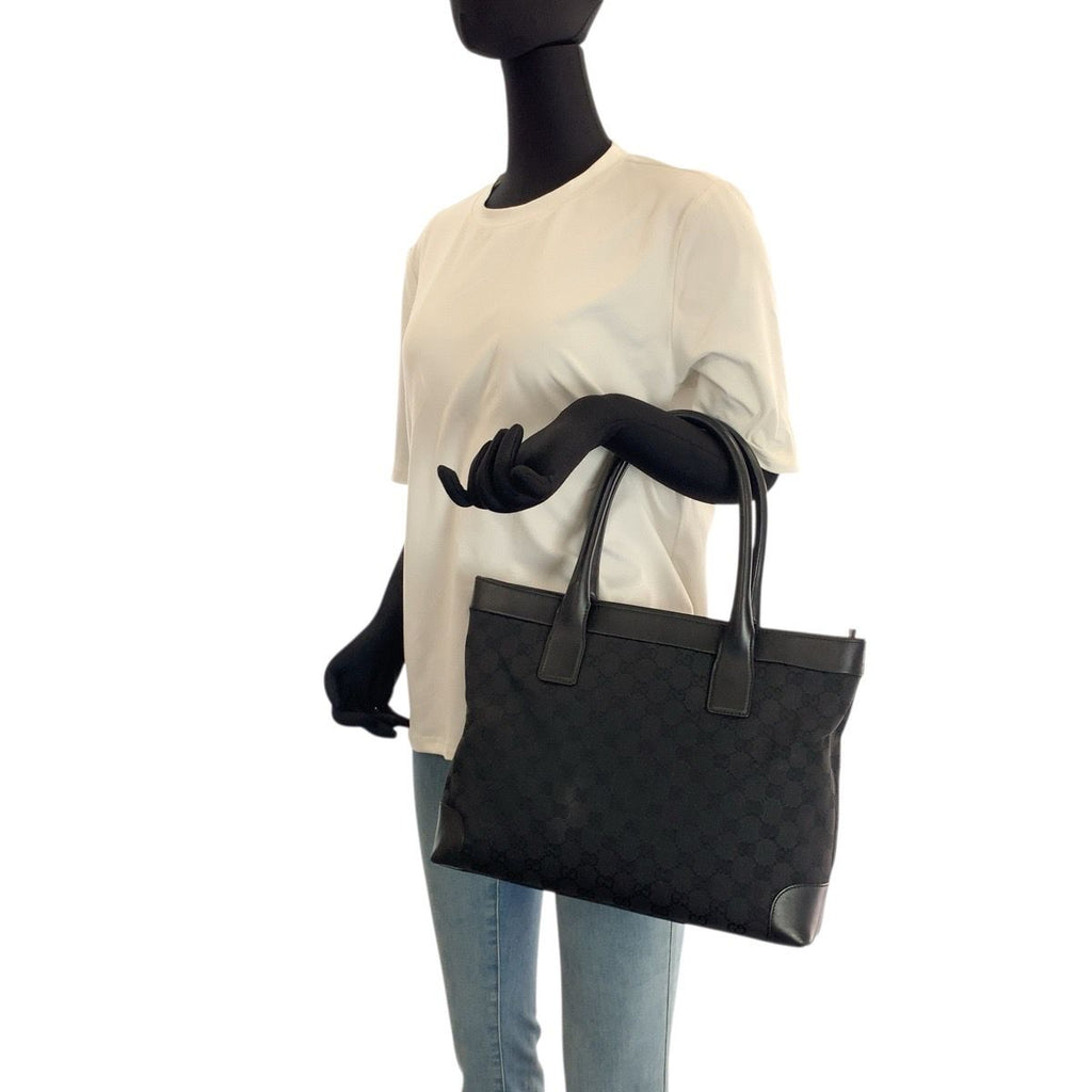 Gucci Black Silver GG Canvas Leather Tote — view 7