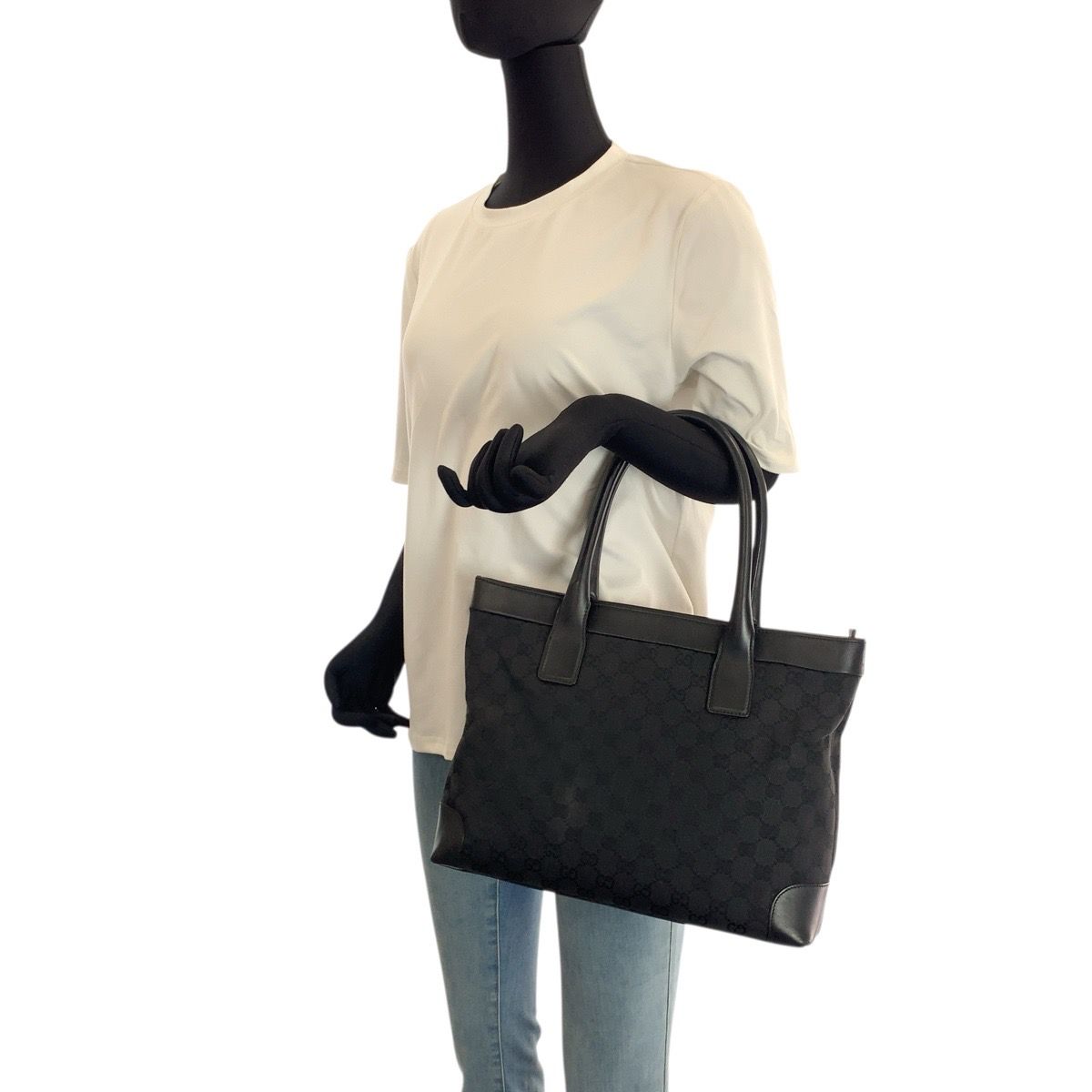 Gucci Black Silver GG Canvas Leather Tote — view 7