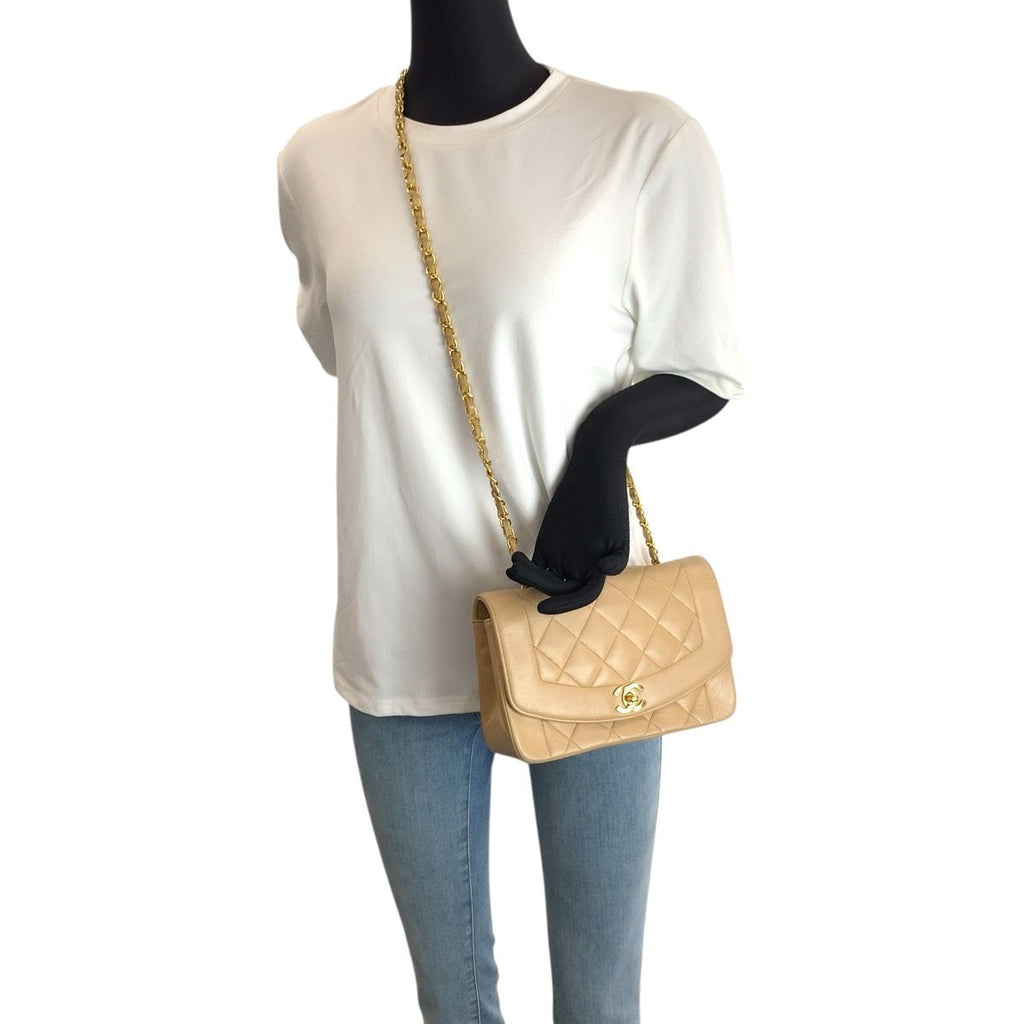 Chanel Vintage Diana Quilted Beige Gold Lambskin Chain Shoulder Bag — view 7