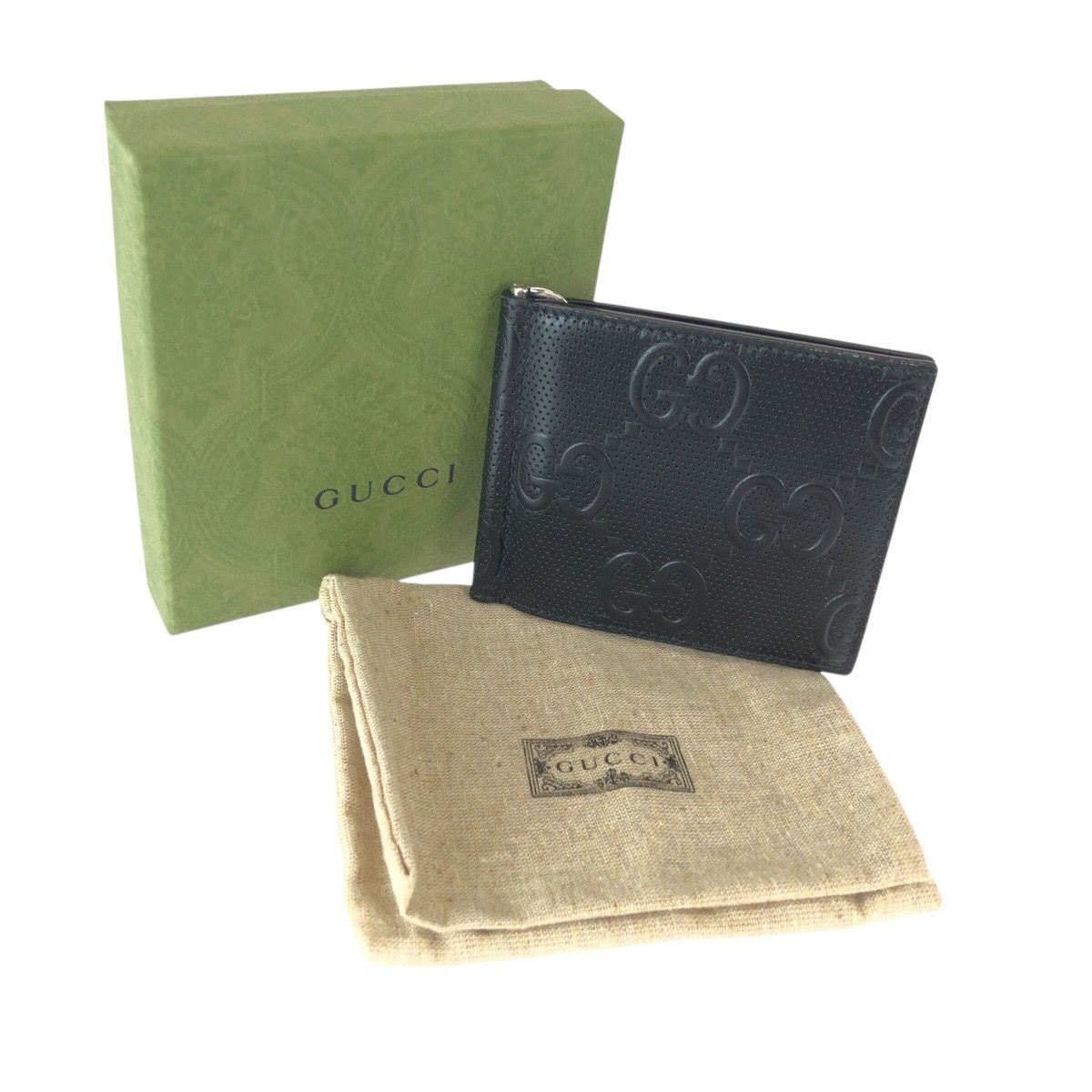 Gucci GG Embossed Black Silver Leather Money Clip Card Case — view 9