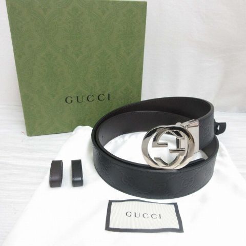 Gucci Interlocking Buckle Reversible Leather Belt Guccissima Black Brown Silver — view 2