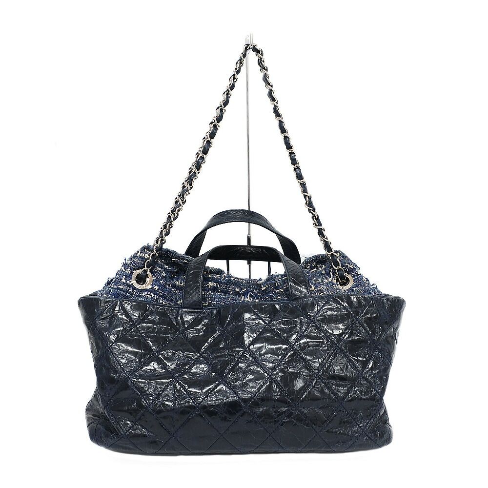 Chanel Portobello 2-Way Bag Chain Bag Handbag Navy Silver Leather Tweed Bag — view 2