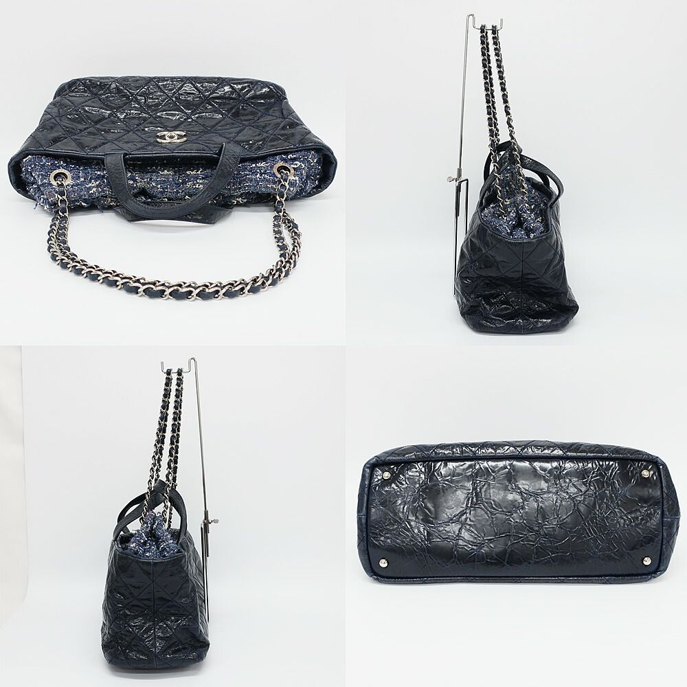 Chanel Portobello 2-Way Bag Chain Bag Handbag Navy Silver Leather Tweed Bag — view 3