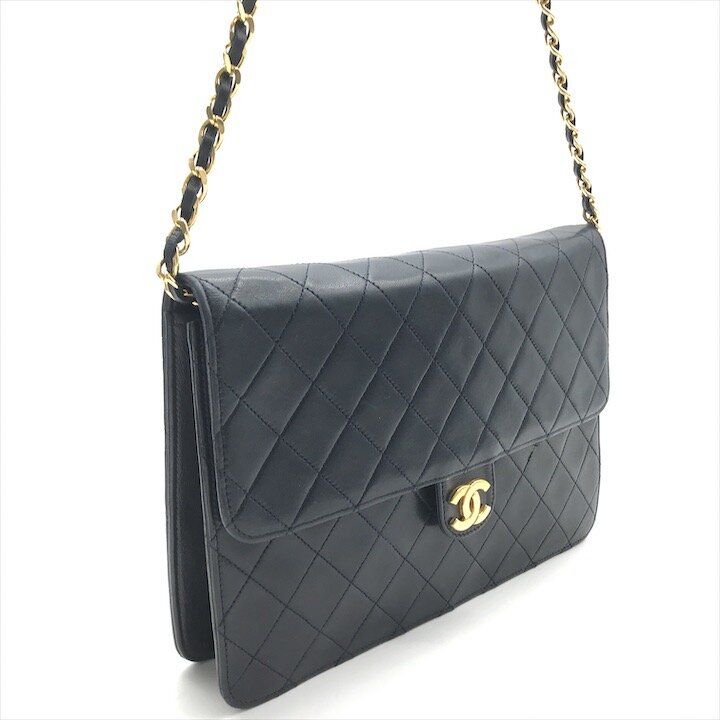 Chanel CC Logo Quilted Push Lock Lambskin Chain Shoulder Bag Navy — view 3