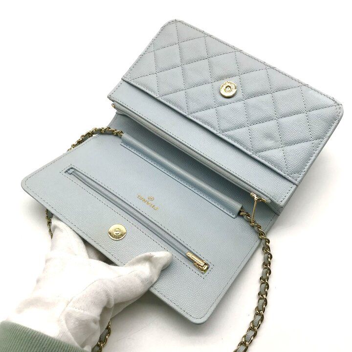 Chanel CC Logo Caviar Leather Quilted Chain Wallet Shoulder Bag Light Blue — view 8