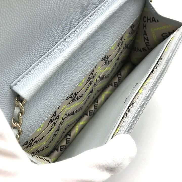 Chanel CC Logo Caviar Leather Quilted Chain Wallet Shoulder Bag Light Blue — view 9