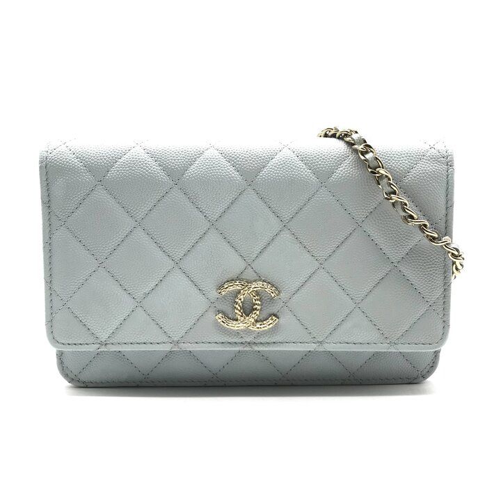 Chanel CC Logo Caviar Leather Quilted Chain Wallet Shoulder Bag Light Blue — view 2