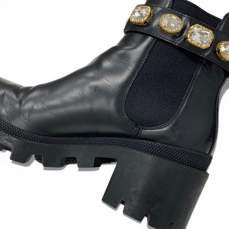 Gucci Short Boots Shoes Leather Black Bijoux GG Marmont Belt Side Gore — view 9