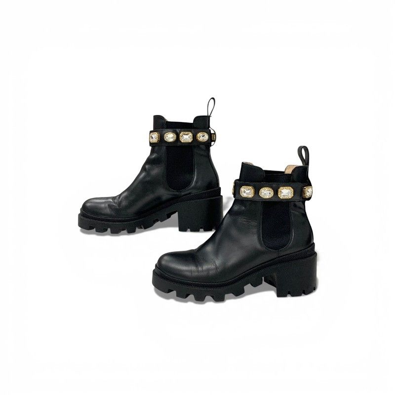 Gucci Short Boots Shoes Leather Black Bijoux GG Marmont Belt Side Gore — view 3
