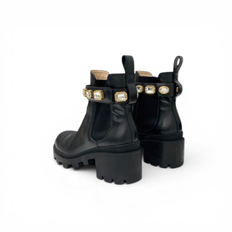 Gucci Short Boots Shoes Leather Black Bijoux GG Marmont Belt Side Gore — view 4