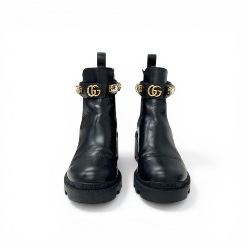Gucci Short Boots Shoes Leather Black Bijoux GG Marmont Belt Side Gore — view 2
