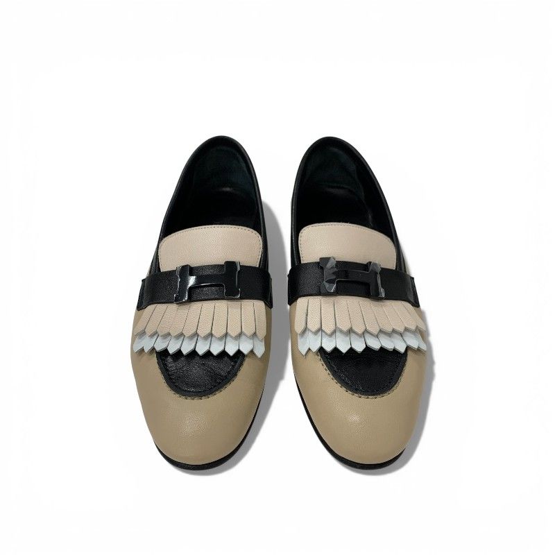 Hermes Royal Loafers Leather Shoes Beige Black White Hhardware Constance Fringe — view 2