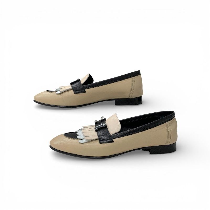 Hermes Royal Loafers Leather Shoes Beige Black White Hhardware Constance Fringe — view 3